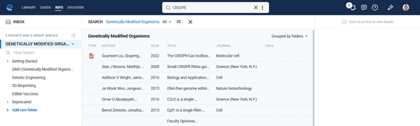 Reference search interface showing search results and filtering options