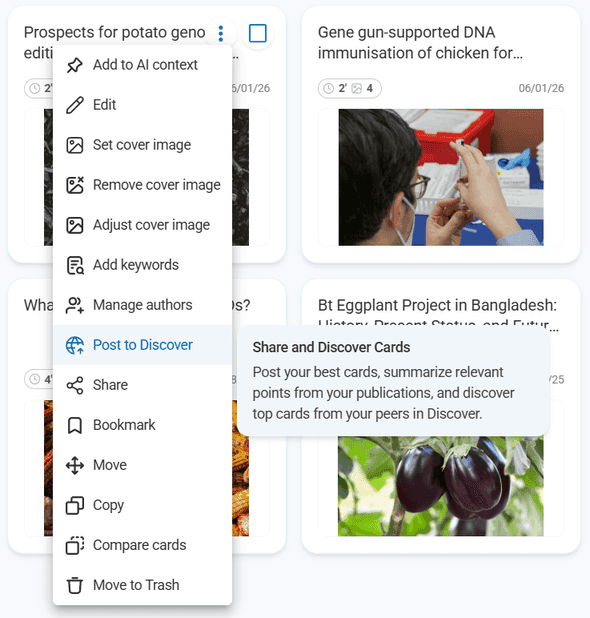 Card three-dot menu showing "Post to Discover" option