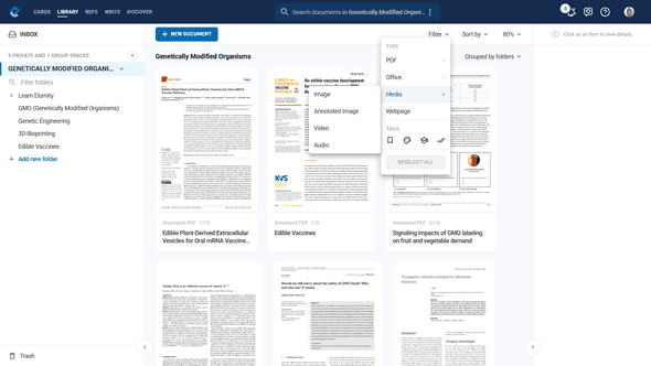 Library main view showing document grid and filter options