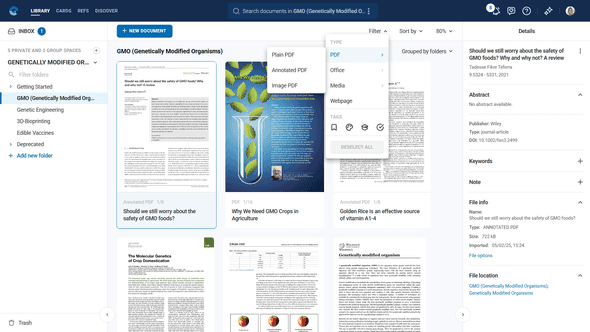 Library interface showing documents in grid view with filtering options