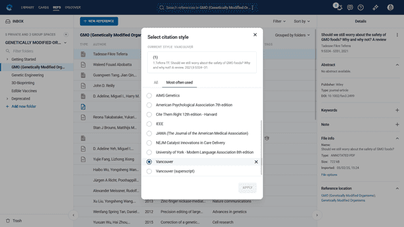 References module showing citation style selection dropdown