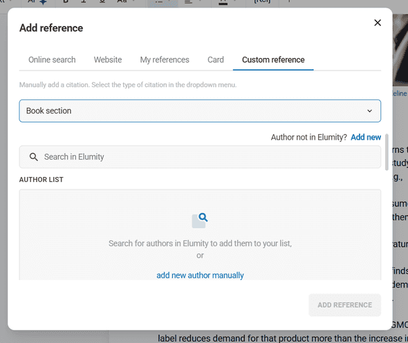 Custom reference creation interface showing different source types