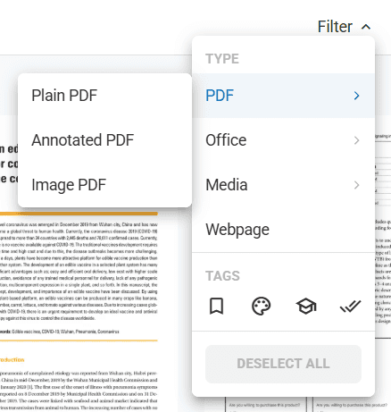 Library filtering interface showing all available filter categories