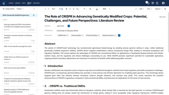 Write module showing document creation interface with sidebar access to PDFs and Cards