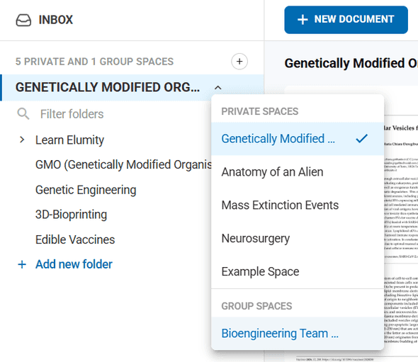 Left sidebar showing inbox, private spaces, and group spaces