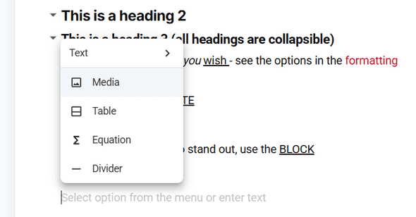 Content block menu showing media upload options