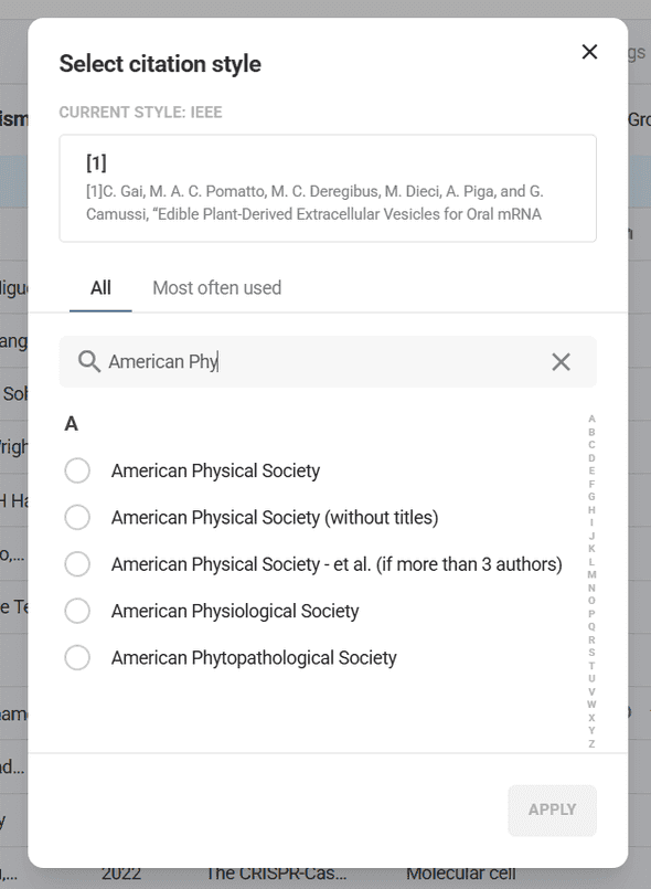 Style search interface showing journal-specific options