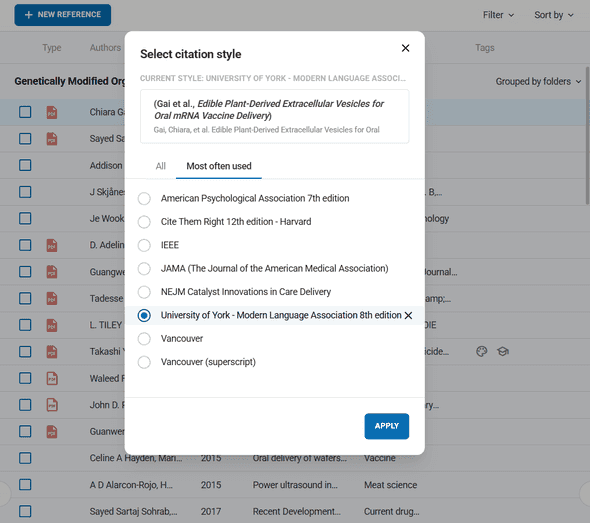 Citation style selection dialog showing popular academic formats