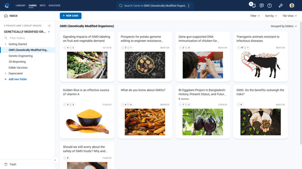 Cards module showing tile view of knowledge cards
