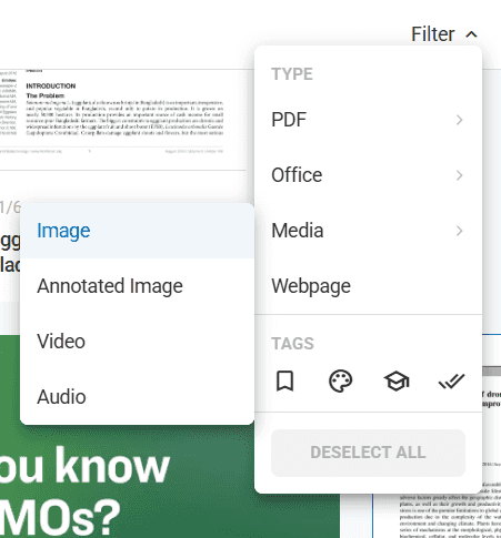 Filter interface showing document type options