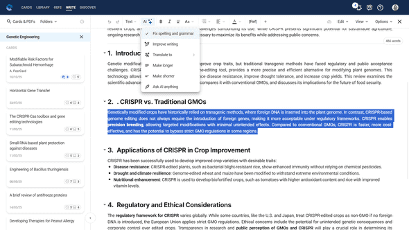 AI writing assistant interface showing grammar correction and improvement options