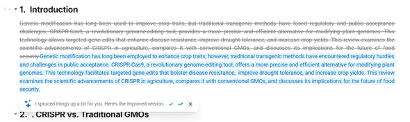 Writing improvement suggestions showing enhanced academic phrasing