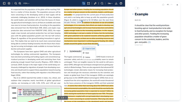 PDF viewer showing annotation tools and Cards sidebar for real-time knowledge extraction