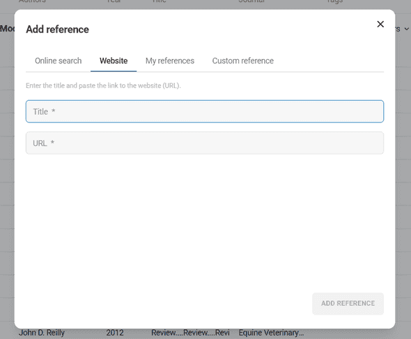 Website reference creation form with URL and title fields