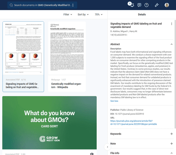 Metadata panel showing document details and citation options