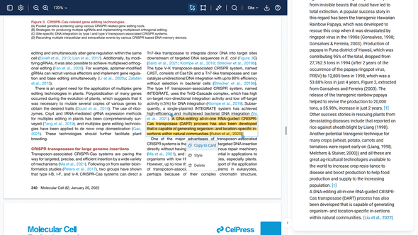 PDF viewer with cards sidebar showing copy-to-card workflow