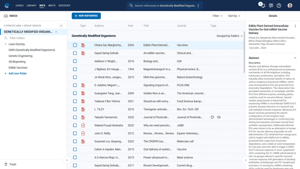 References module showing reference list and database search options