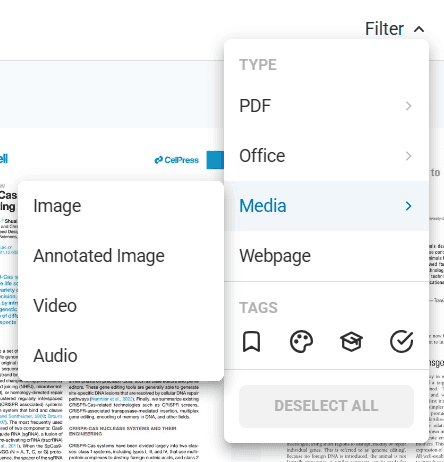 Library filtering interface showing all available filter categories