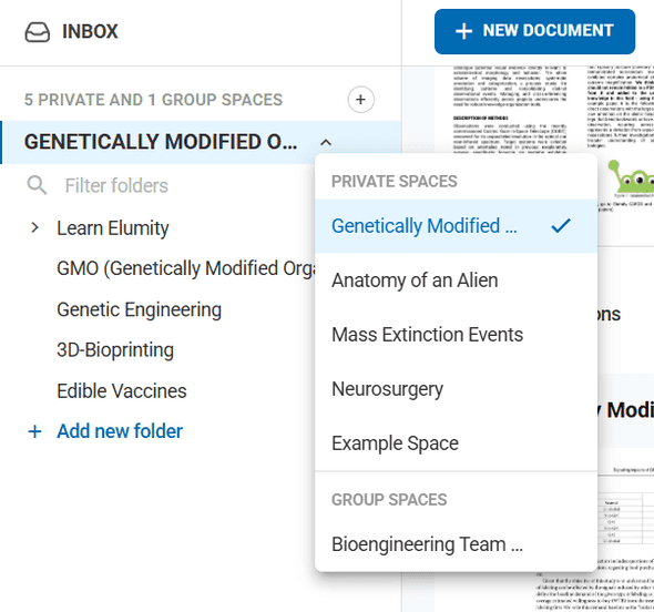 Left sidebar showing space selection and folder structure