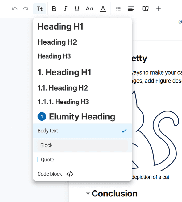 Text formatting dropdown menu showing heading options