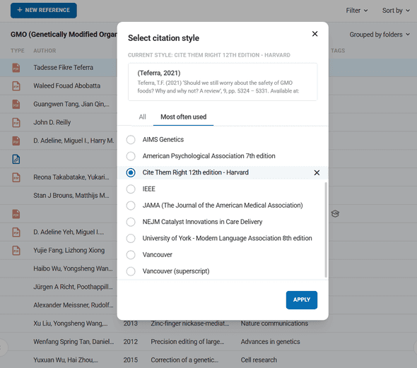 Citation style selection dialog showing popular academic formats