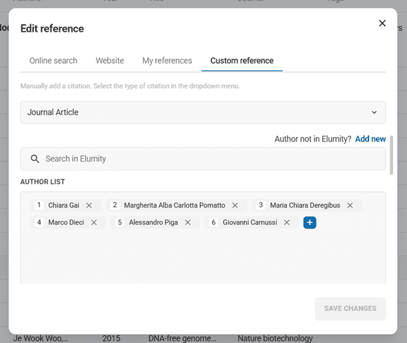 Reference editing interface showing bibliographic details