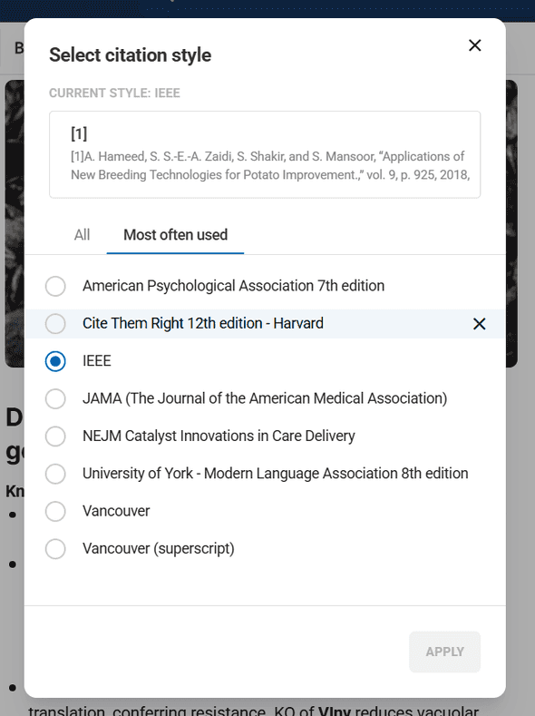 Citation style selection showing popular academic formats like APA, MLA, Chicago