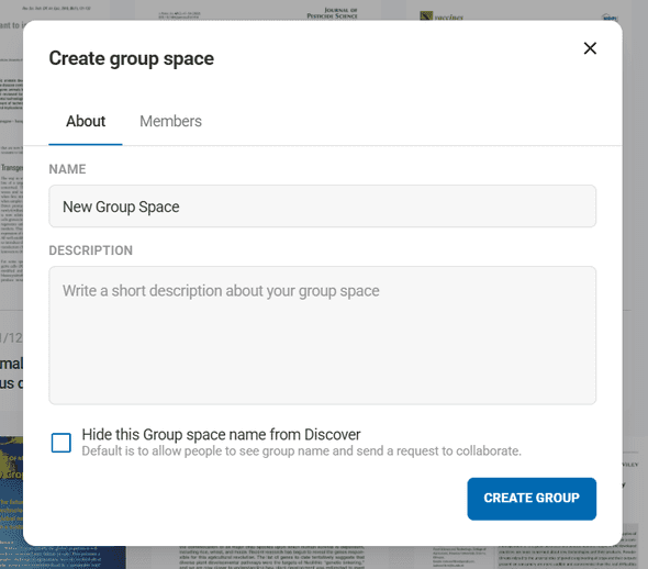 Group space creation dialog showing name and description fields