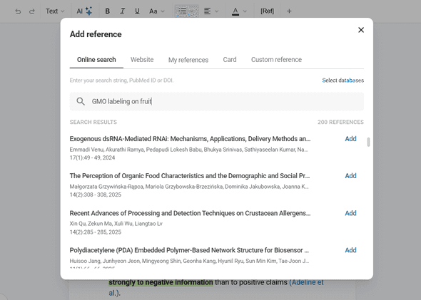 Reference dialog showing database search interface