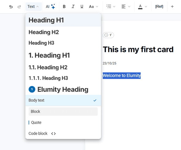 Text formatting dropdown menu showing heading options