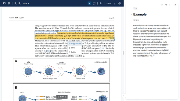 PDF viewer showing annotation tools and Cards sidebar for real-time knowledge extraction