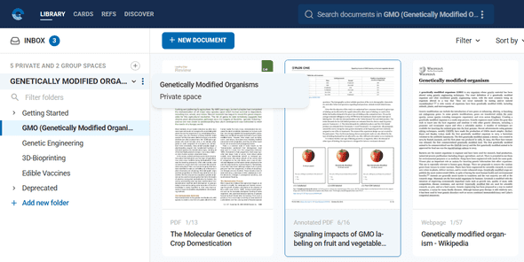 Left sidebar showing inbox, private spaces and group spaces structure