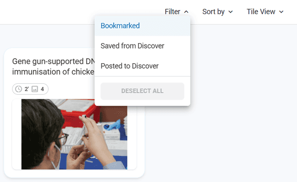 Card filtering interface showing bookmark and Discover filter options