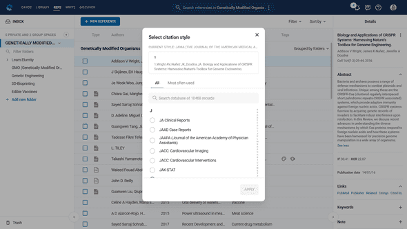 References module showing citation style selection dropdown
