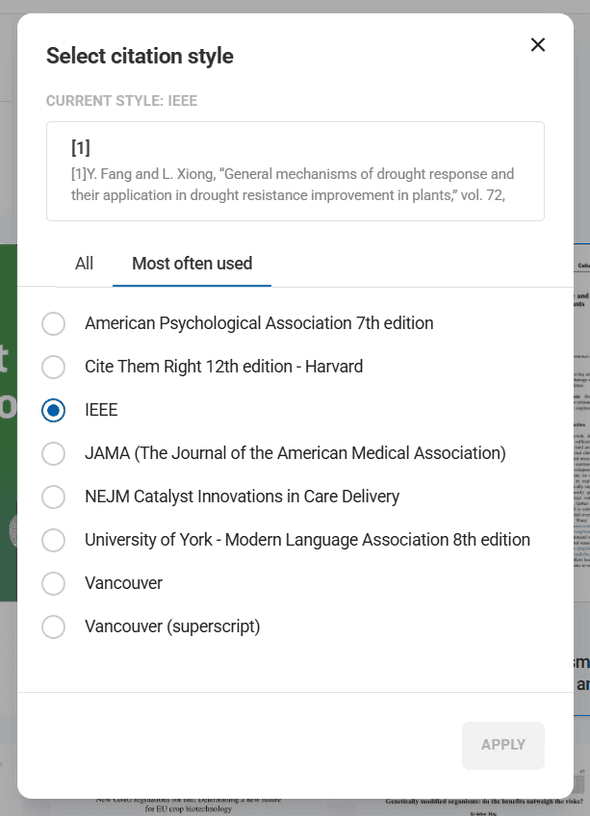 Citation style selection showing popular academic formats