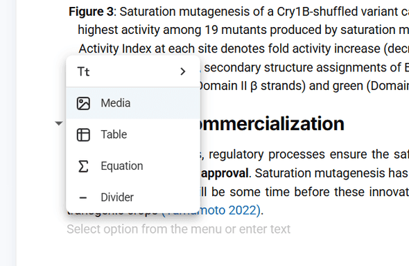 Content block menu showing media upload options