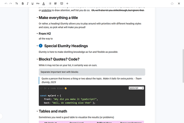 Formatted card content showing different text styles and list types