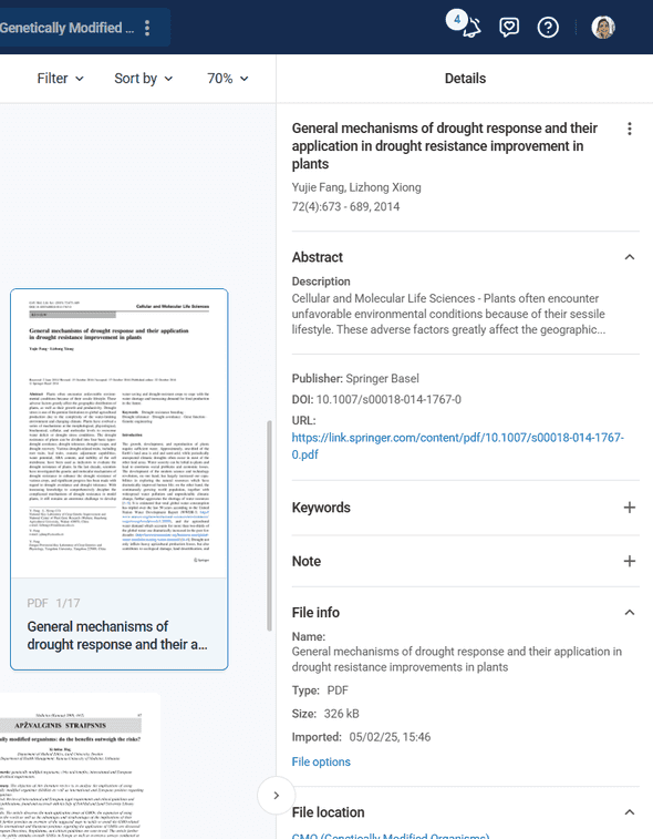 Metadata panel showing document details and citation options