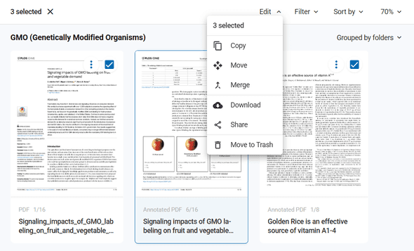 Bulk selection interface showing merge and other batch operations