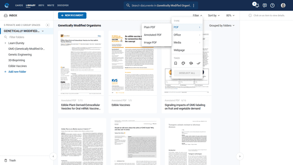 Library interface showing documents in grid view with filtering options