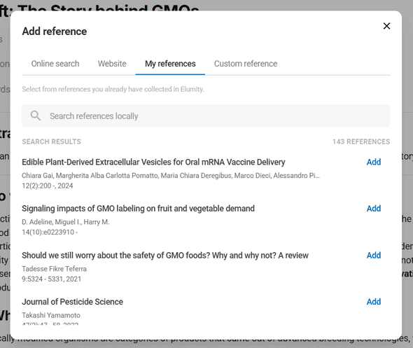 Citation insertion from Write module showing reference library access