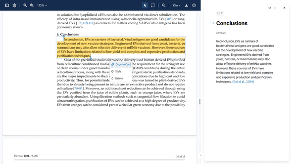 PDF viewer with cards sidebar showing copy-to-card workflow