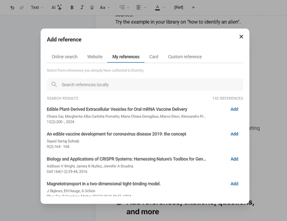 Reference addition interface showing database search options