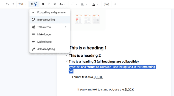 AI assistance menu showing available options