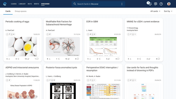 Discover main feed showing community cards in grid layout