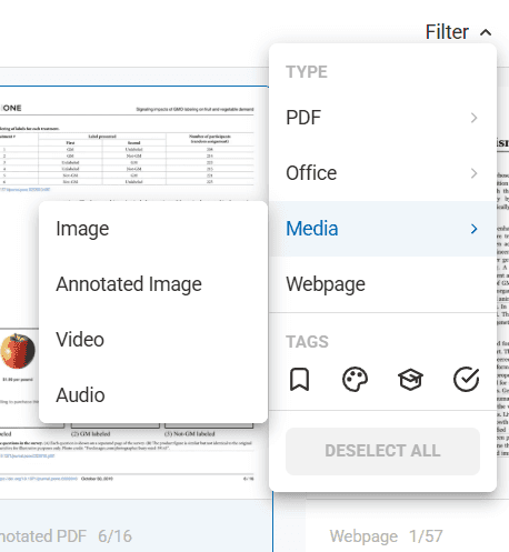 Filter interface showing document type options