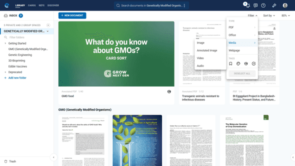 Library main view showing document grid and filter options