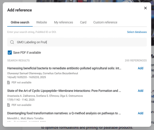 Reference dialog showing database search interface