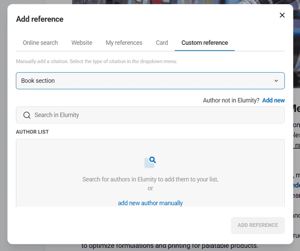 Custom reference creation interface showing different source types