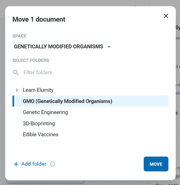 Document move interface showing folder selection